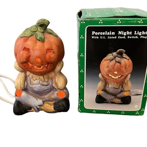 Vintage Brinn's Porcelain Halloween Jack O’ Lantern Scarecrow Night Light. 7” - Picture 1 of 10